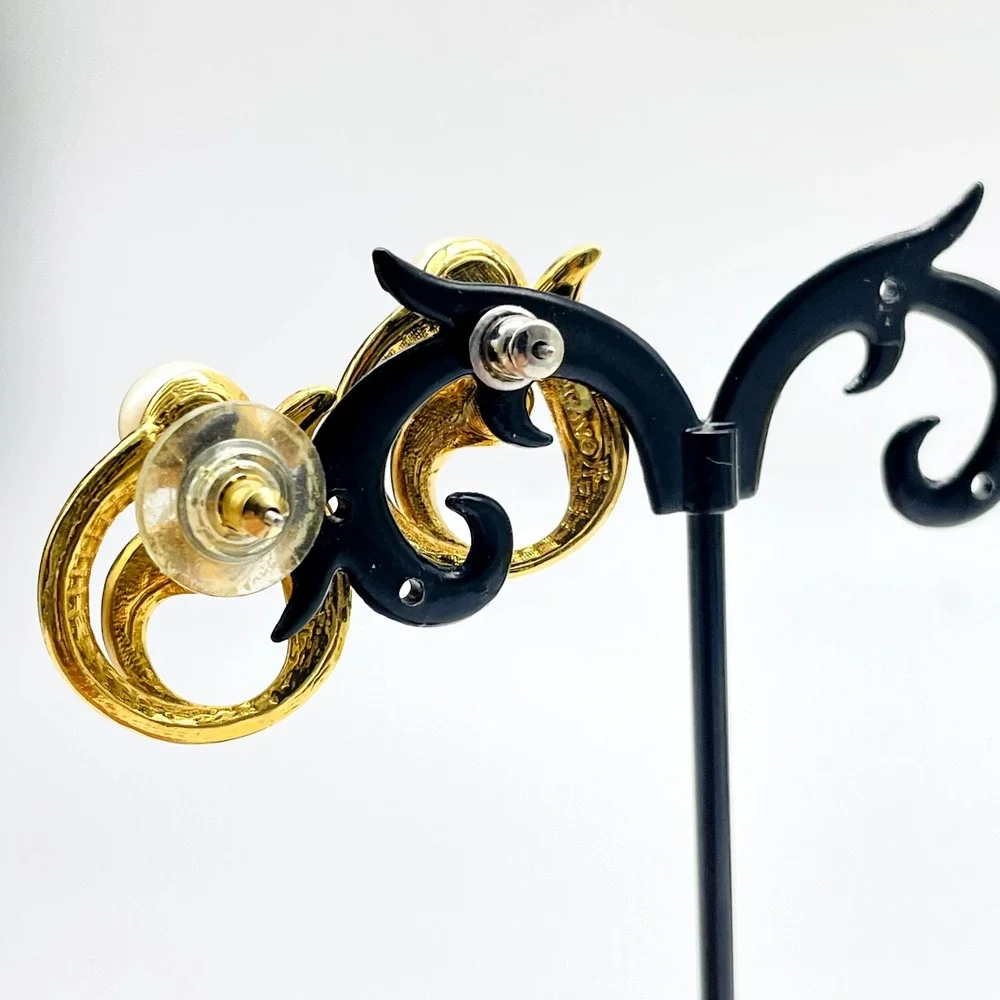 Vintage Avon Faux Pearl Gold Tone Swirl Pierced Earrings Statement Signed